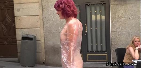 Babe wrapped in plastic in public